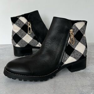 TALBOTS Tish Lug Pebble Leather & Buffalo Plaid Ankle Boots, Black 9